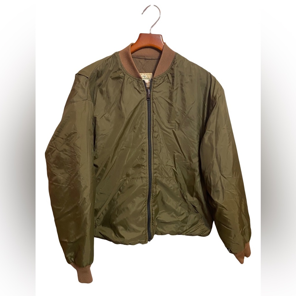 Vintage Red Head Olive Green Nylon Bomber Jacket Quilted Lined Mens Size L